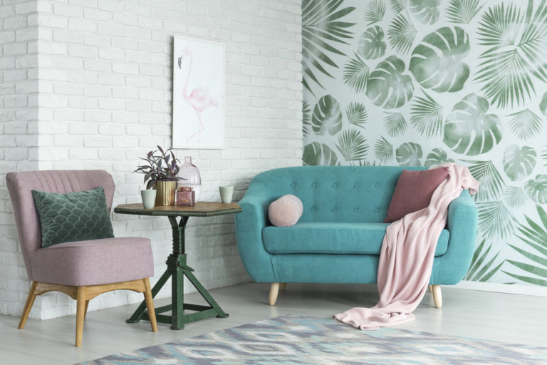 salon déco jungle papier peint turquoise