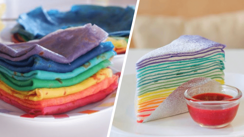 crepes et gateau de crepes arc en ciel