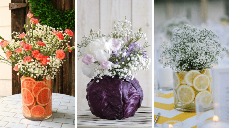 composition florale avec fruits et légumes