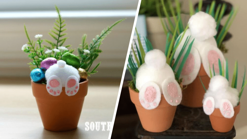 petit pot d'oeufs de pâques avec un lapin à la renverse