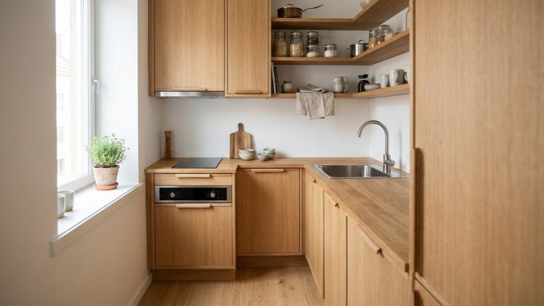 Aménager petite cuisine studio : le plan en L qui fait tenir 4 zones sur 6 m²