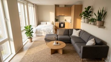 Aménager studio 30m2 plan : la disposition en U qui libère un vrai coin salon