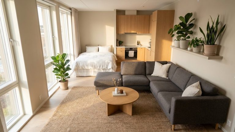 Aménager studio 30m2 plan : la disposition en U qui libère un vrai coin salon