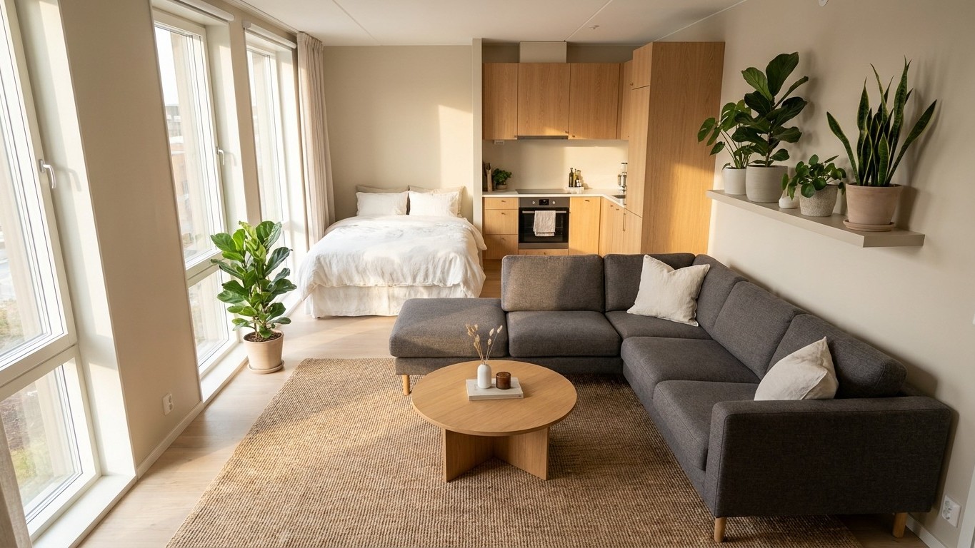 Aménager studio 30m2 plan : la disposition en U qui libère un vrai coin salon