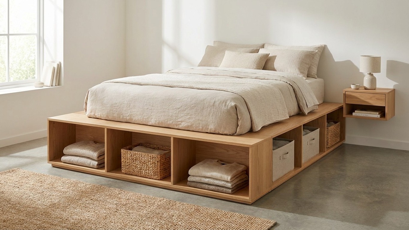 Estrade lit rangement : le coffre sous plateforme qui remplace toute une armoire