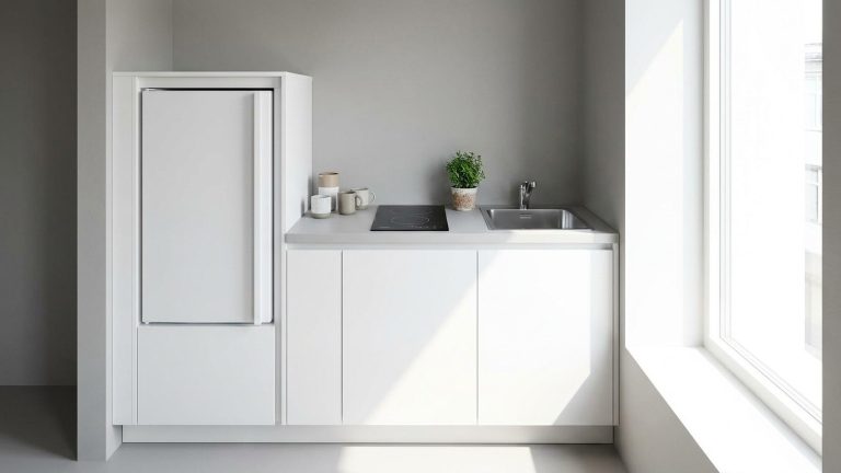 Kitchenette gain de place : le module 120 cm qui intègre plaque, évier et frigo