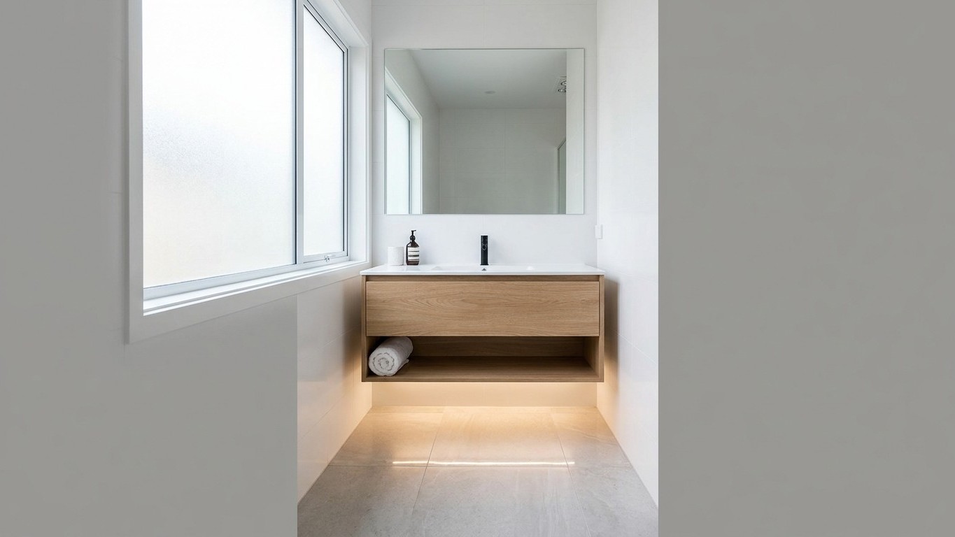Meuble vasque compact petite pièce : le plan vasque suspendu qui libère le sol